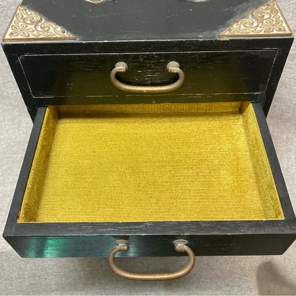 Vintage Japanese Tansu Jewelry Chest Box 4 Lined Drawers Antique Brass Hardware